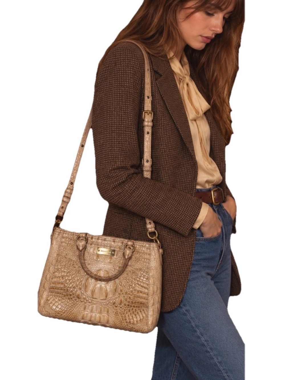 BRAHMIN MINI ARNO TOTE Bag Handbag Honey Brown MELBOURNE Glossy Croc Embossed
